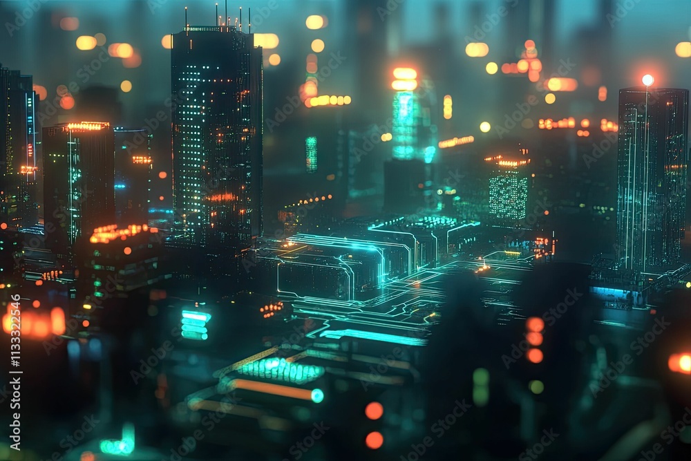 Obraz premium Neon-lit cityscape, circuit board city, futuristic architecture.