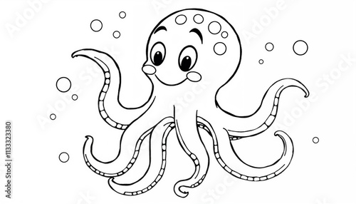 Cute octopus coloring page with bubbles in black and white