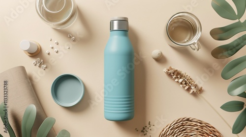 Eco friendly stainless steel reusable water bottle with nature inspired flat lay arrangement on a neutral colored background  Sustainable and minimalist lifestyle concept with copy space photo