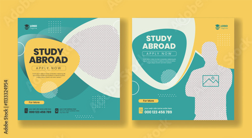 Study abroad editable social media posts banner, ads template, student visa application, university admission promotional advertisements, online learning and education square flyer or poster design