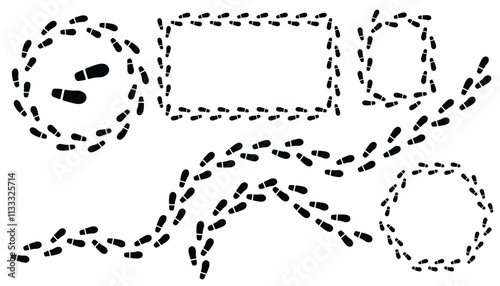 Black Footprint Frames and Trails. Walking Marks Set. Round and Square Frames. Footsteps Border.