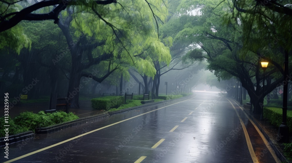 Obraz premium Rainy day on a tree-lined path.