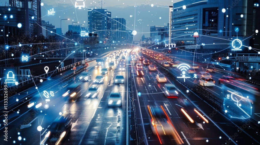 Fototapeta premium Urban night scene with tram, colorful light trails, wet city streets reflecting city lights and modern architecture