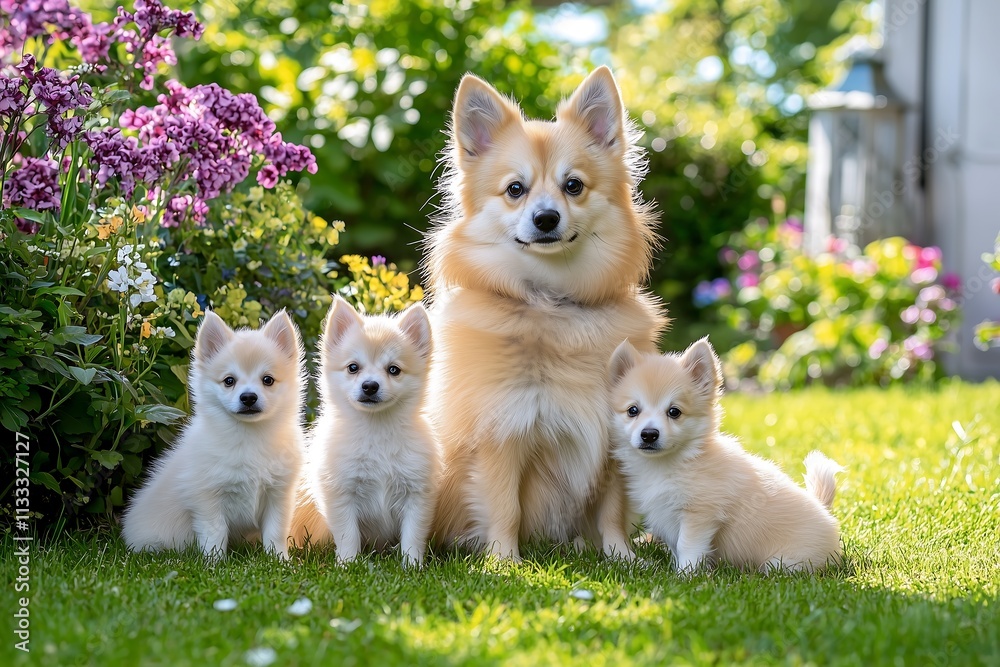 Obraz premium Playful pomeranian dogs and puppies in a colorful garden outdoor photography cheerful setting