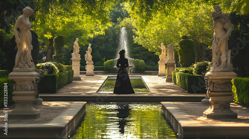 Elegant Woman in Black Dress at Rodin Museum Gardens photo