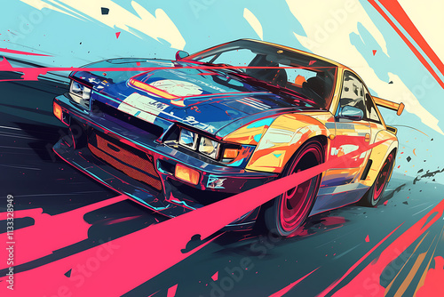 A vibrant illustration of a racing car speeding through a dynamic, colorful background. photo