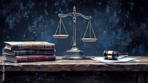 Antique law books, scales of justice, gavel on wooden table.