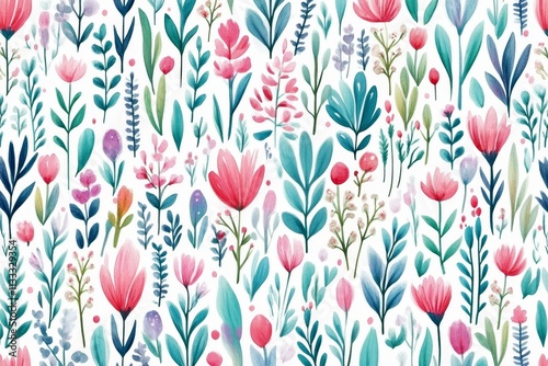 Watercolor Floral Seamless Pattern Pink and Teal Botanical Illustration, Floral Design, Spring Bloom Floral pattern, watercolor painting