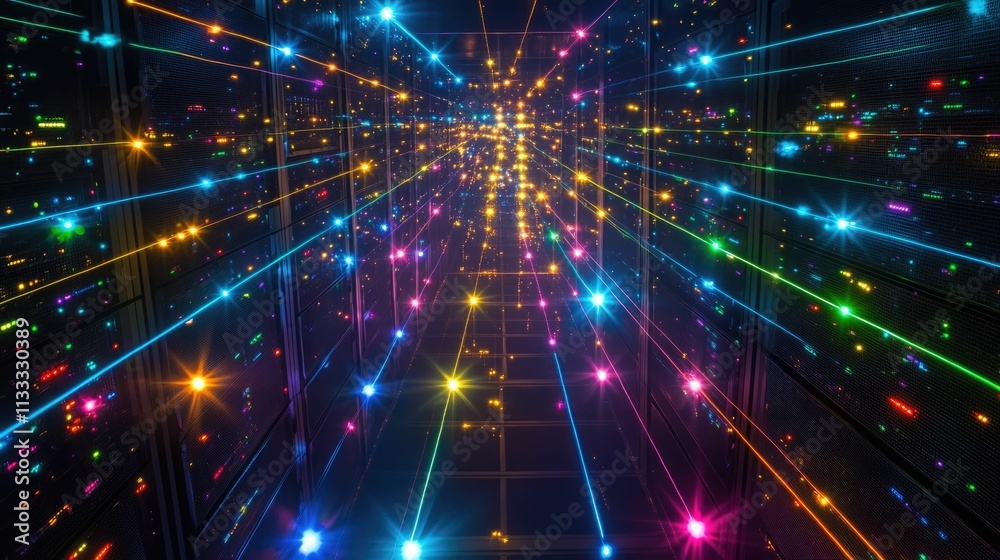 Fototapeta premium Colorful lights streak through a dark, gridded space.