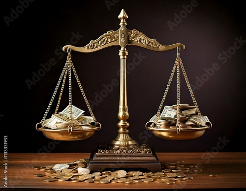 Golden colors retro style trade balance object with money over dark backdrop photo