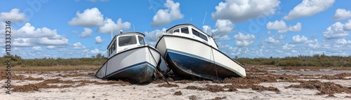 Overturned boats stranded far inland, hurricane aftermath, maritime loss photo