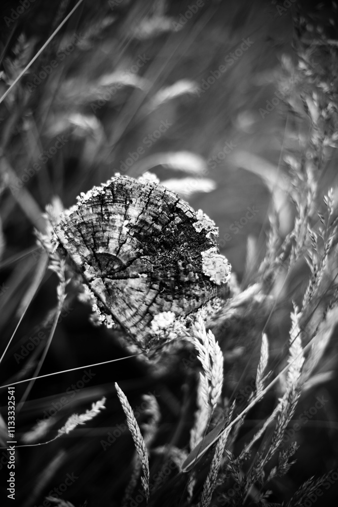 Obraz premium Black and white version of 19749 - Old wooden post covered in lichens and surrounded by grass
