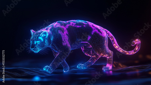  glowing neon panther with intricate blue and pink wireframe design walking gracefully in a dark futuristic digital environment photo