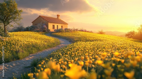 sunset in the muster seed flower field