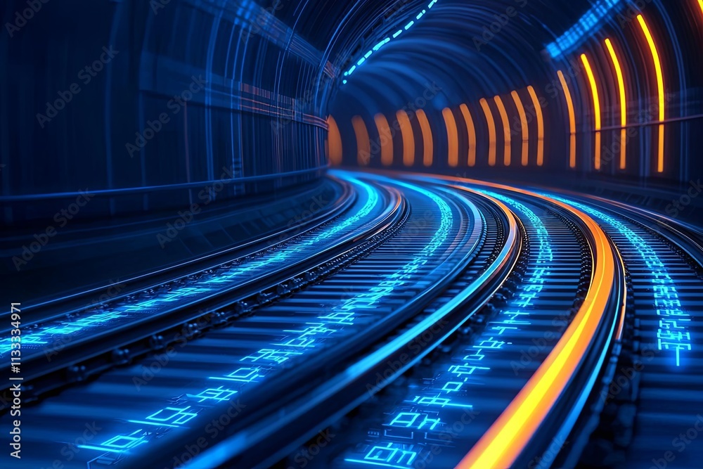 Fototapeta premium Illuminated underground tunnel showcasing curved track and vibrant light reflections.