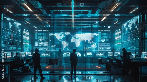 Futuristic Control Room with Global Data Display