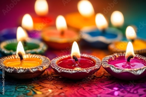 Colorful Diya Lamps Close-up Composition of Festive Lights, Diwali, Indian Festival, Bokeh Diwali, Festival of Lights photo