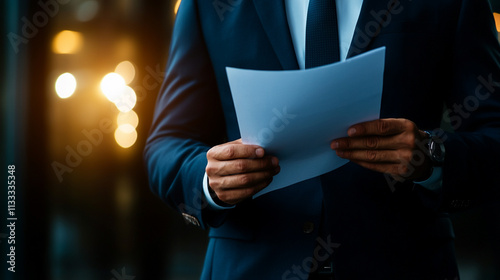 Close-up of person in suit holding document during evening meeting, soft focus lights in background.