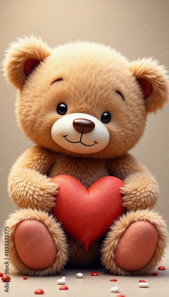 Obraz premium Cute teddy bear holding a red heart with love-themed decor