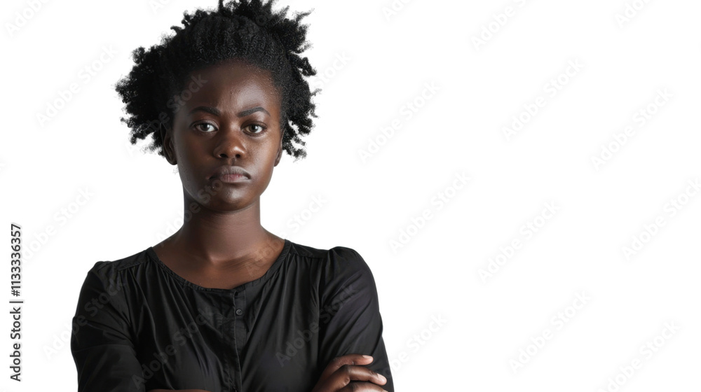 Obraz premium Portrait arms crossed, thinking face , african young woman on white background