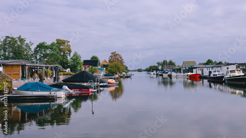 Houses on Loosdrechtse Plassen Lake with Boats, Islands and Canals. Scheendijk, Netherlands