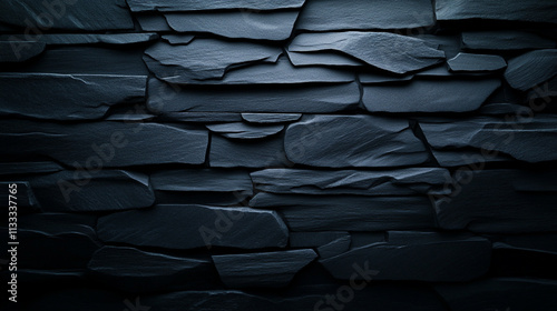 Dark stone wall texture with layered slate stones for background or design use. photo