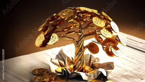 Golden coin tree growing from a financial document symbolizing wealth and prosperity, crafted from gold coins. photo