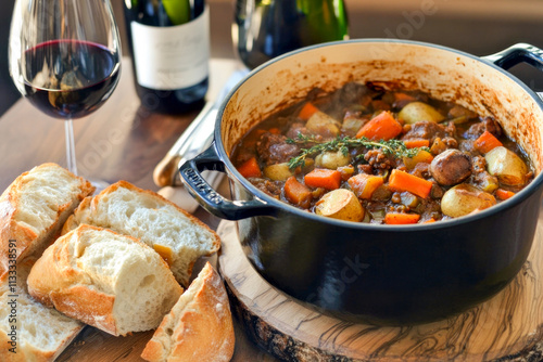 Hearty beef stew in dutch oven with vegetables and fresh bread photo