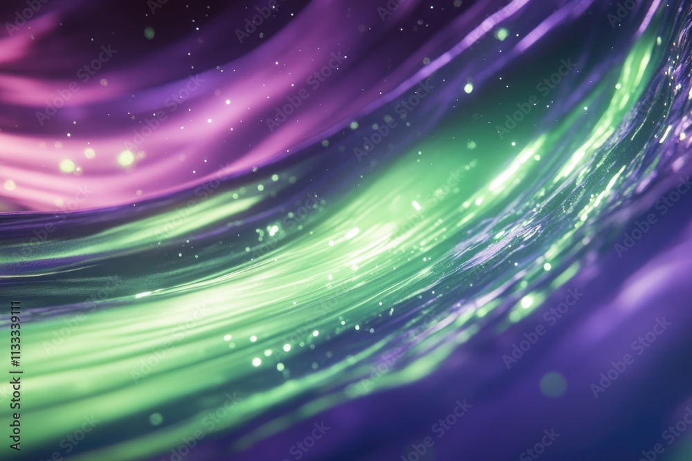 Fototapeta premium Abstract swirling neon lights with purple, green, and blue hues, sparkling with bokeh effect.