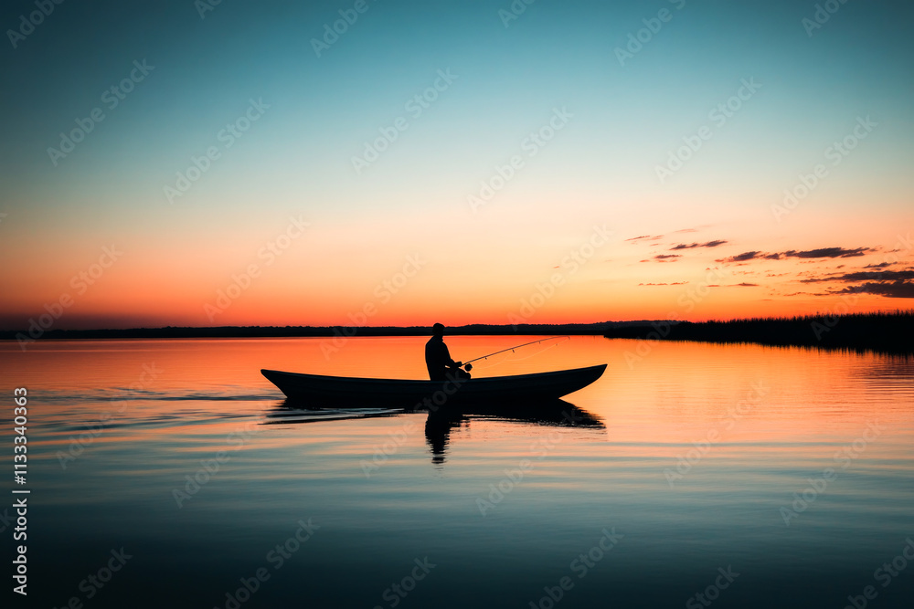 Obraz premium Silhouette of a person fishing in a canoe on a serene lake at sunset