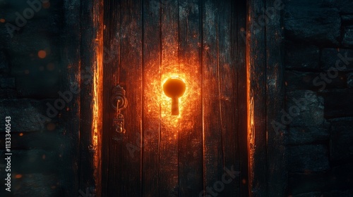 Wallpaper Mural Mesmerizing view of a wooden door with an illuminated keyhole surrounded by a fiery glow. Evokes themes of secrets, revelations, and adventure.. AI Generation Torontodigital.ca