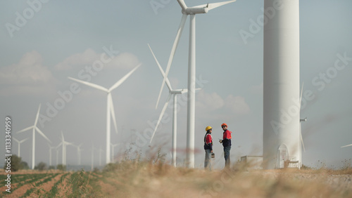 Young man and woman maintenance engineer team. two engineer operate wind turbine. Engineer and worker discussing on a wind turbine farm. Wind Turbine. Maintenance Workers. renewable energies..	