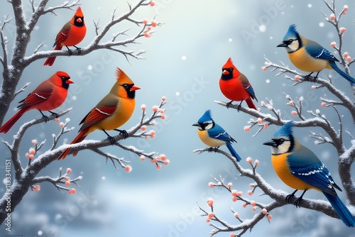 Cardinals and Blue Jays in Winter Scene