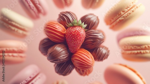 Playful 3D animation of chocolatedipped strawberries in pastel setting photo