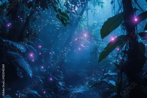 Enchanted forest at night, glowing fireflies illuminate lush foliage and a mystical atmosphere. photo