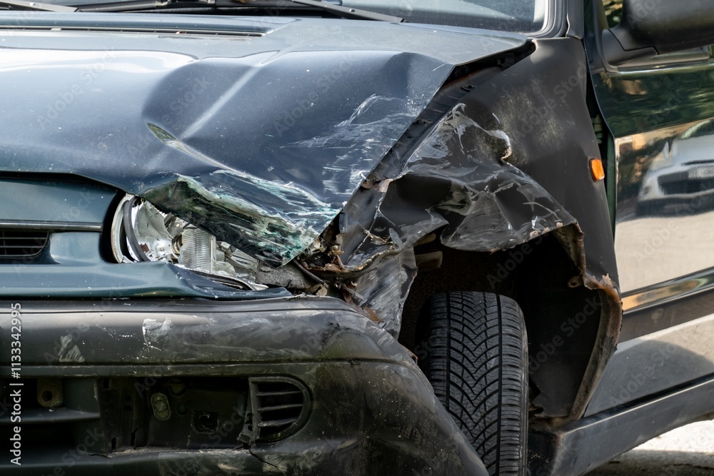 Detail of broken headlamp and bumper on car after traffic accident