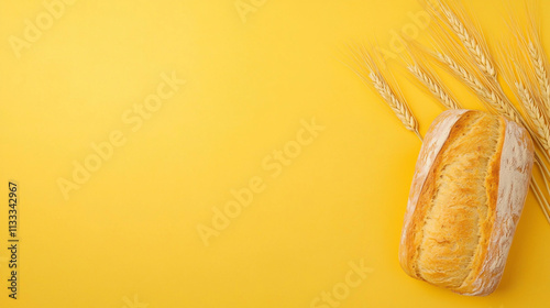 Freshly baked bread loaf on yellow background with wheat stalks.