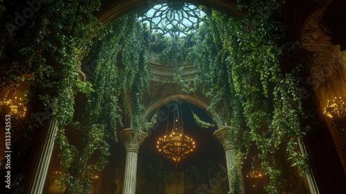 Luxurious Green Atrium with Hanging Vines, Ornate Chandelier, and Stained Glass Ceiling photo