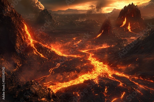 A fiery volcanic landscape with rivers of molten lava flowing down mountainsides under a dramatic sunset sky.