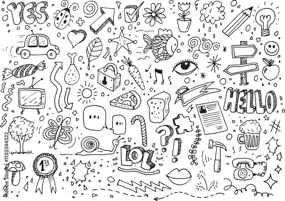 Fototapeta premium Hand drawn various doodles, vector illustration on white background