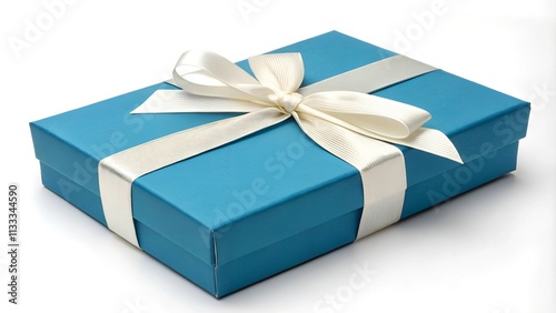 Blue gift box with white ribbon bow and white back on white background