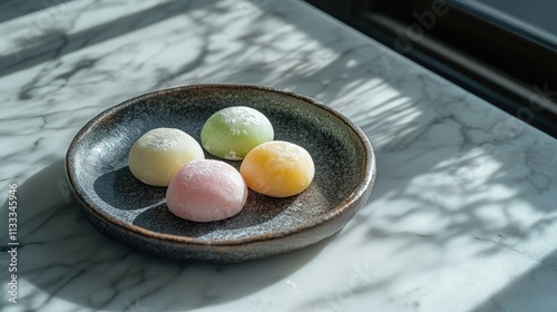 Four colorful mochi on a dark plate, marble table. photo