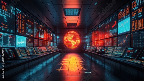 Wallpaper Mural High-tech control room with glowing screens displaying data and a digital globe. Torontodigital.ca