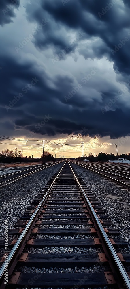 Fototapeta premium Dramatic Sunset with Dark Clouds Looming Over Railroad Tracks : Generative AI