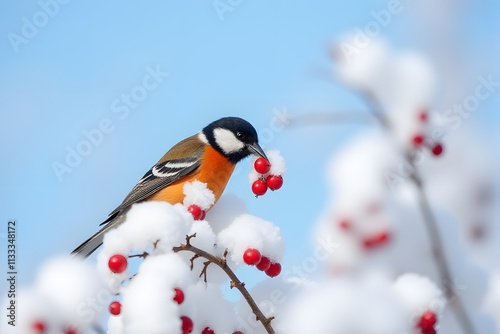 Varied Tit Feasting on Winter Berries photo