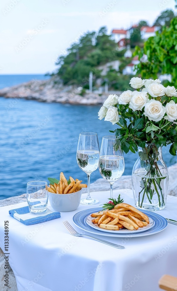 Fototapeta premium Artistic photography of a table for two set by the seaside.