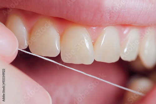 Close-up view of flossing techniques on healthy adult teeth and gums photo