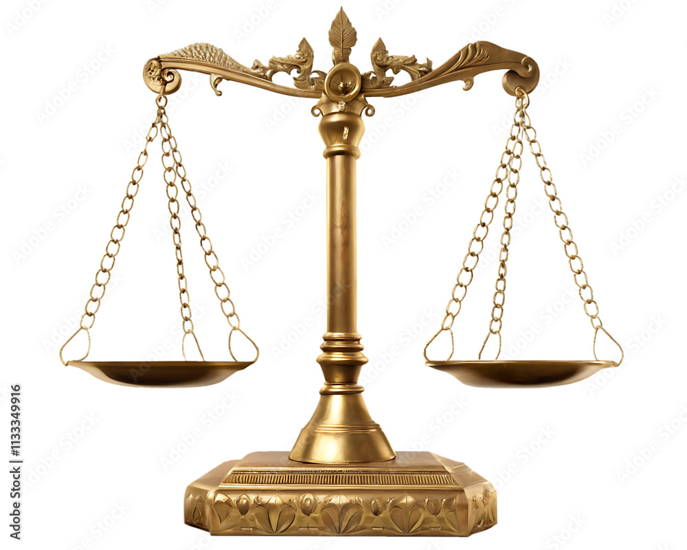 Golden Scales of Justice: Symbol of Fairness and Law on Transparent Background Golden Scales of Justice: Symbol of Fairness and Law on Transparent Background