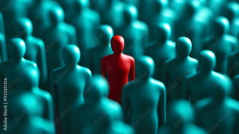 Obraz premium Unique Red Figure Among Teal Crowd Symbolizing Individuality and Standout Concept : Generative AI