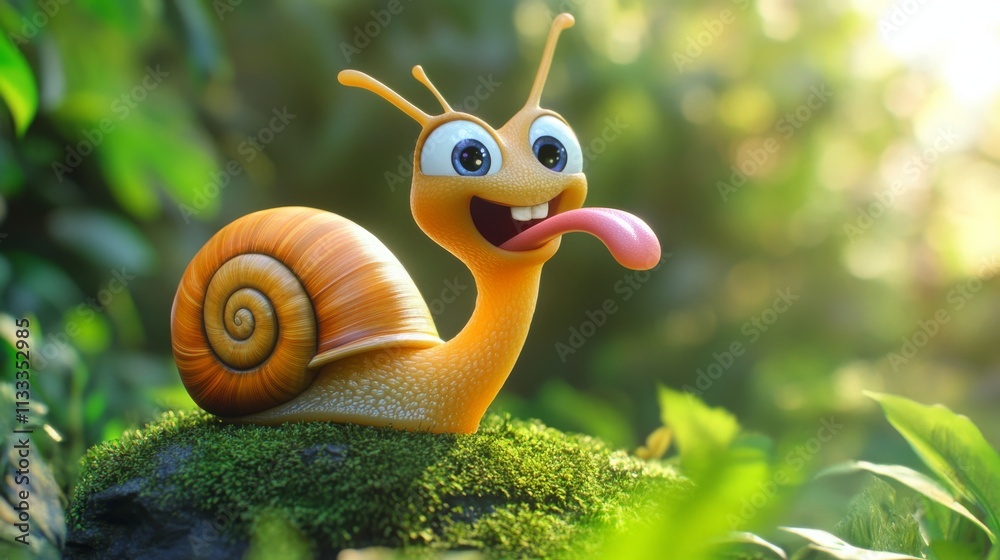 Obraz premium Charming orange snail cartoon with a cheerful face, sticking out its tongue on a mossy rock. Surrounded by glowing forest greenery, perfect for whimsical or nature-themed artwork.. AI Generation. AI